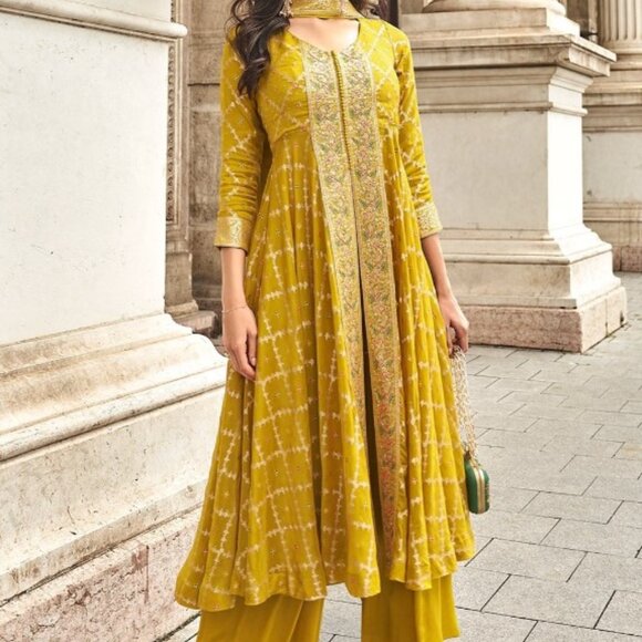 Yellow Embroidered Slit Style Palazzo Suit with Dupatta - Picture 1 of 6